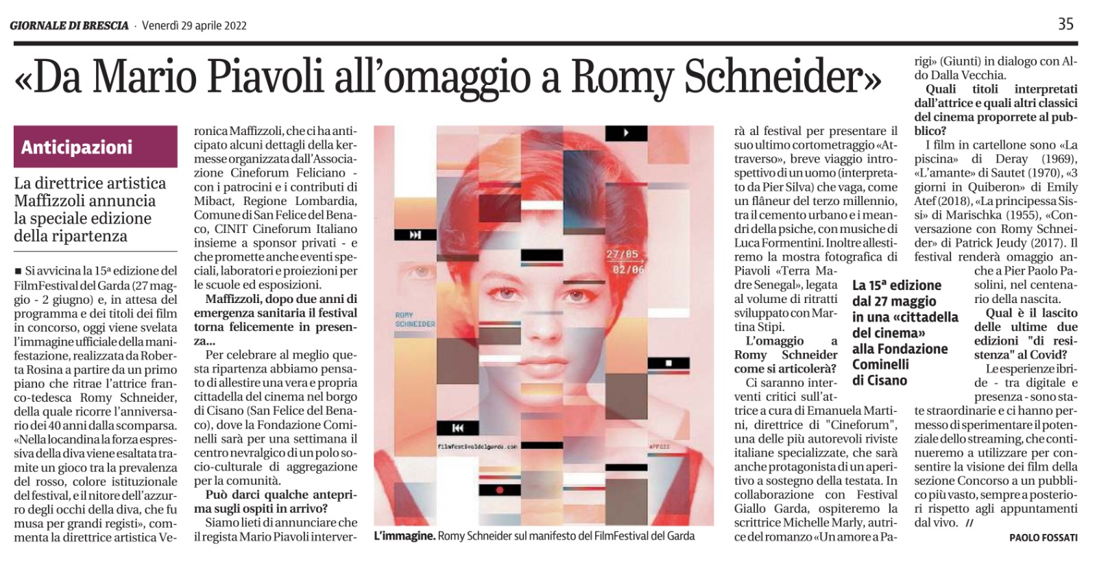 Giornale di Brescia | 29 aprile 2022 | Da Mario Piavoli all’omaggio a Romy Schmeider | Paolo Fossati