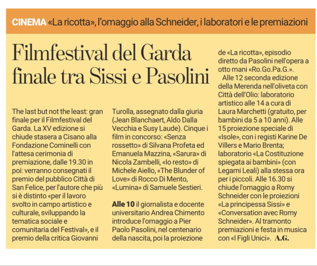 Bresciaoggi | 2 giugno 2022 | Filmfestival del Garda finale tra Sissi e Pasolini