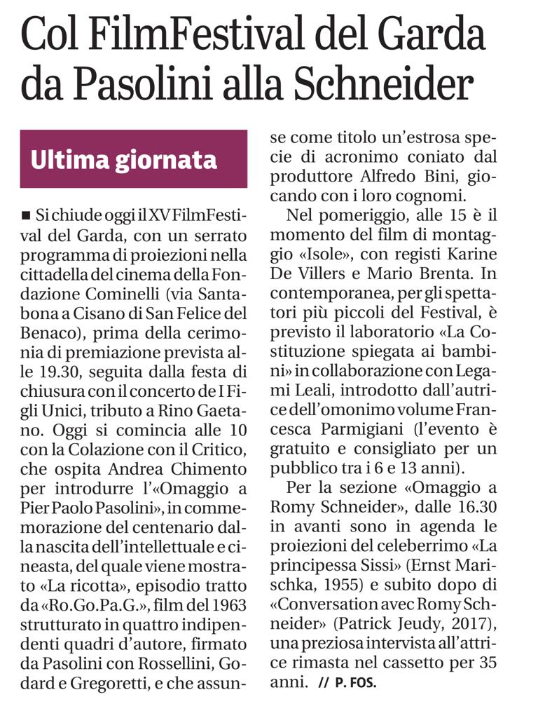 Giornale di Brescia | 02 giugno 2022 | Col FilmFestival del Garda da Pasolini alla Schneider  | Paolo Fossati