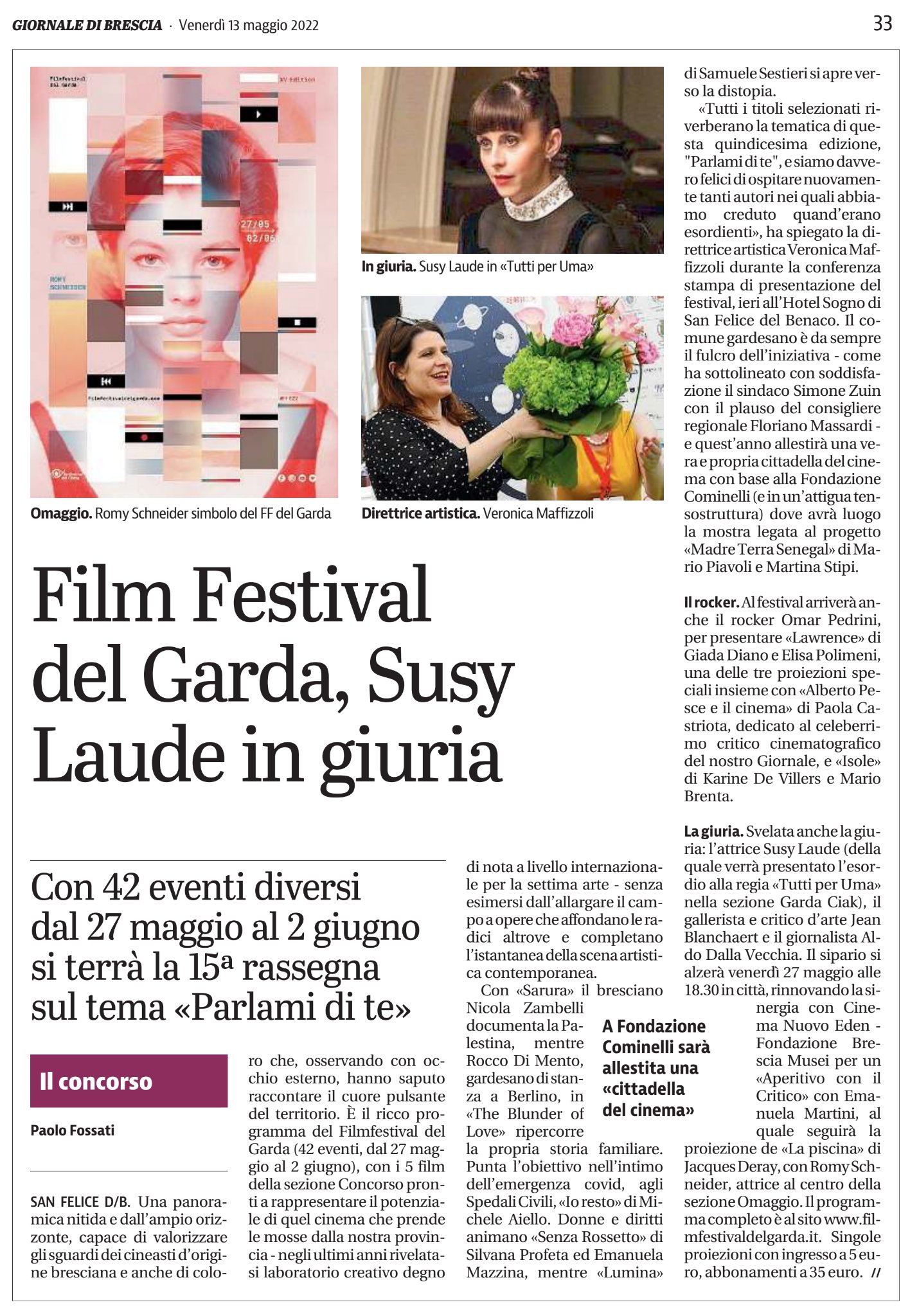 Giornale di Brescia | 13 maggio 2022 | FilmFestival del Garda, Susy Laude in giuria | Paolo Fossati